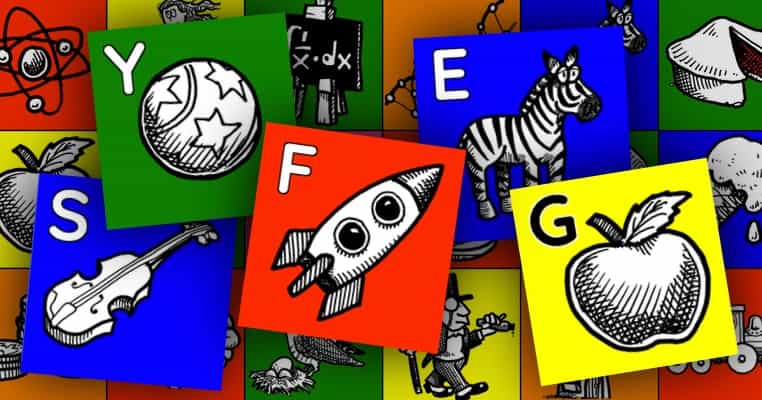 Brightly coloured alphabet tiles, showing E for Equus quagga, G for gravity