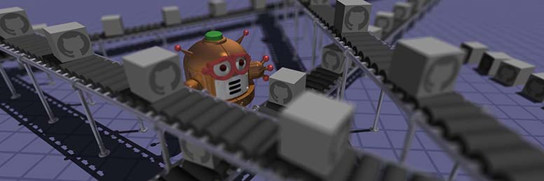 rendered image of bot amongst conveyor belts with GitHub-branded blocks