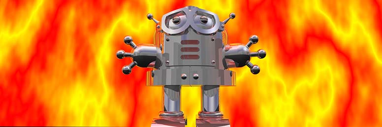 rendered image of silver bot before flames, like the T-101 Terminator