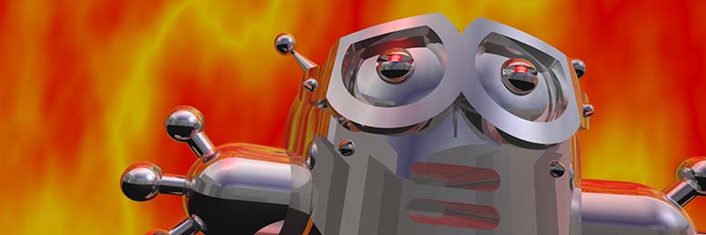 rendered image of silver bot close up with glowing red eyes, like the T-101 Terminator