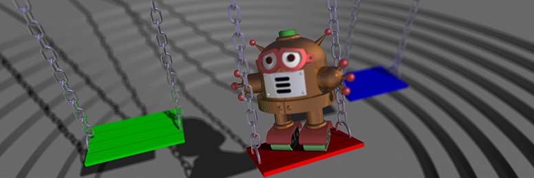 rendered image of bot playing on one of three playground swings