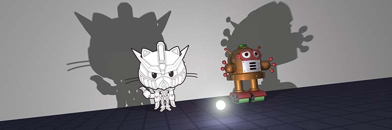 rendered image of bot alongside Gundamcat cutout, throwing shadows on wall