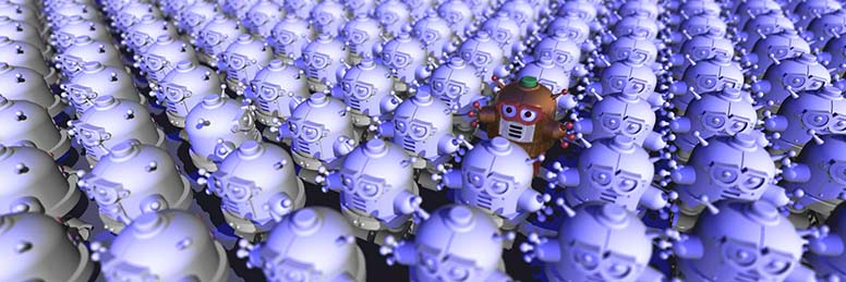 rendered image of bot surrounded by un-textured clones