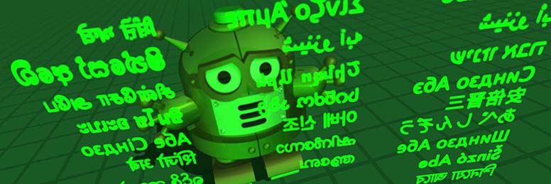 rendered image of bot viewed through screen with a name writting in different languages