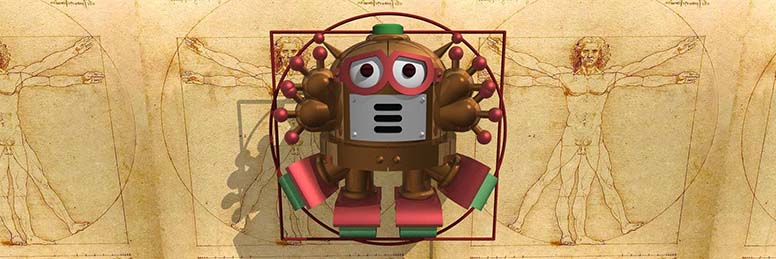 rendered image of bot rendered like da Vinci's Vitruvian Man