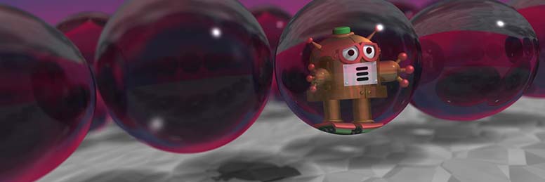 rendered image of bot trapped in one of several large glass spheres