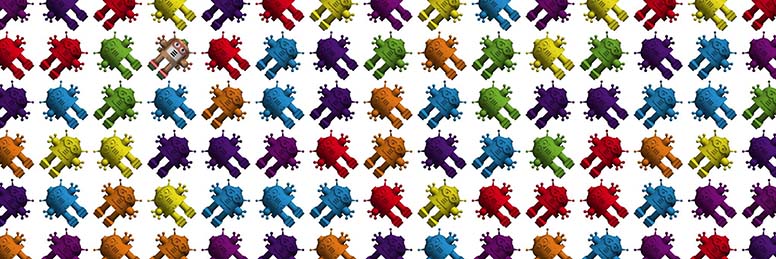 rendered image of bot in wallpaper-like pattern