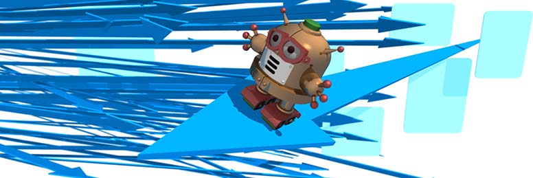 rendered image of bot riding on a blue arrow like a surfboard