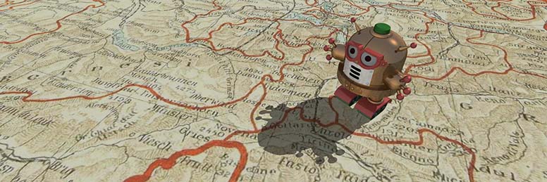 rendered image of bot riding on an old map with red borders and old lettering