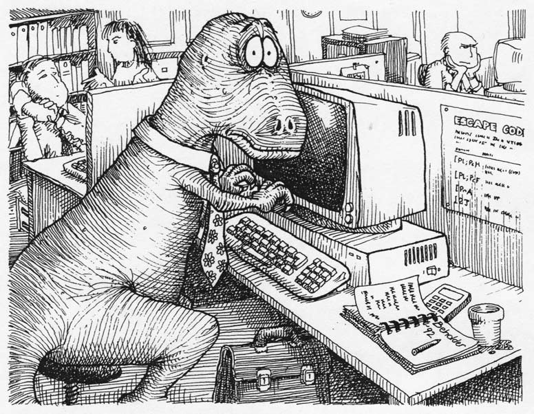 dinosaur at a computer with CRT monitor